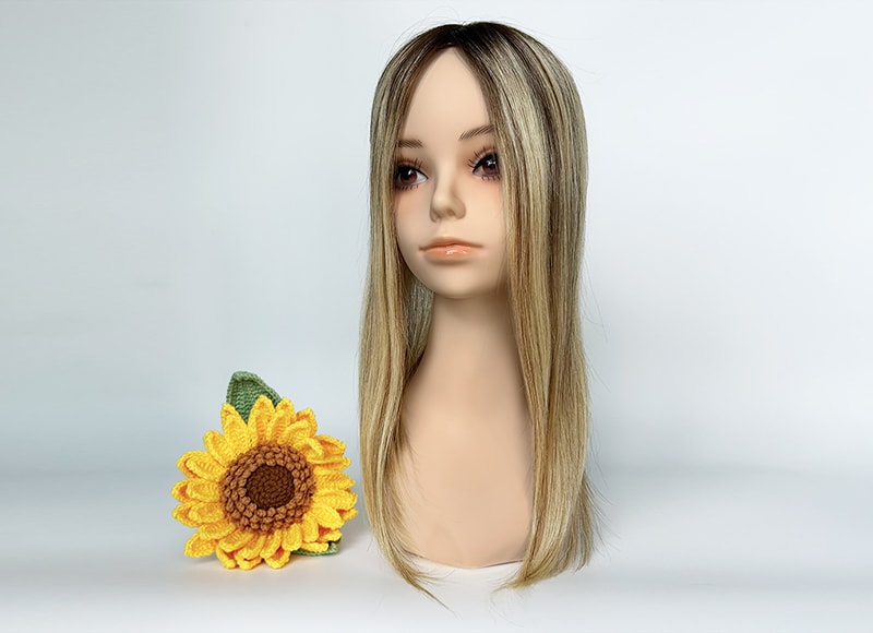 Mono Top Human Natural Hair Topper Brown Rooted Sandy Blonde Highlighted