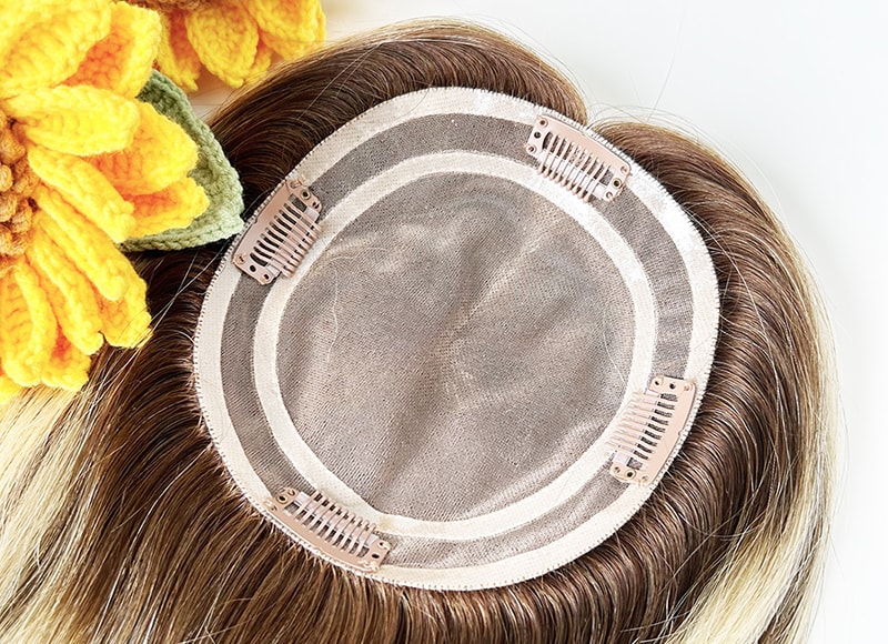 Mono Top Human Natural Hair Topper Brown Rooted Sandy Blonde Highlighted