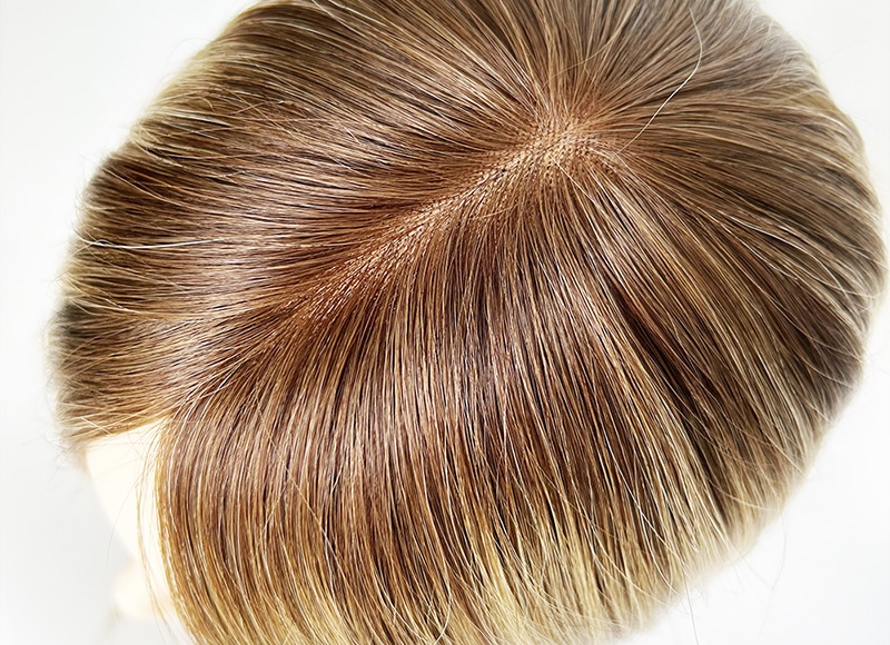 Mono Top Human Natural Hair Topper Brown Rooted Sandy Blonde Highlighted