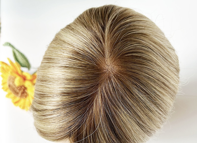 Mono Top Human Natural Hair Topper Ashy Brown Highlight Bleach Blonde