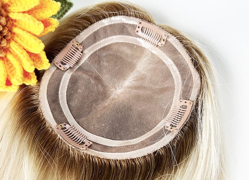 Mono Top Human Natural Hair Topper Ashy Brown Rooted Platinum Blonde