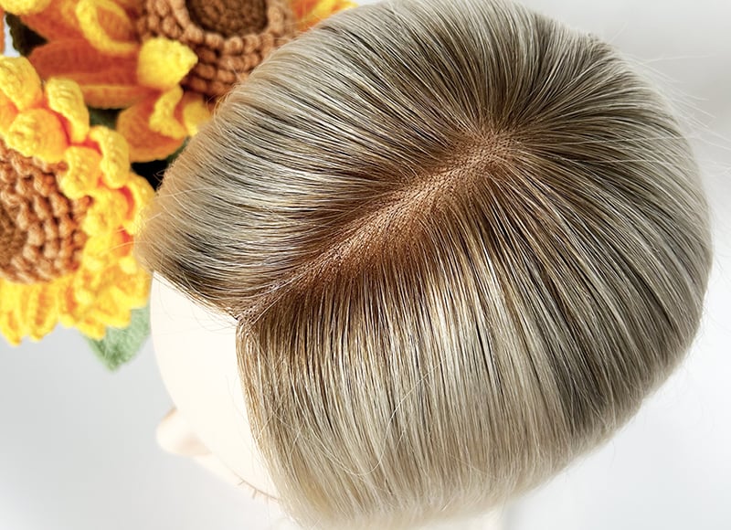 Mono Top Human Natural Hair Topper Ashy Brown Rooted Platinum Blonde